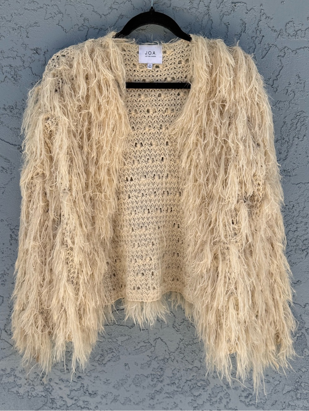 J.O.A. Got It In The Shag Cream Fringe Open-Front Cardigan Sweater XS